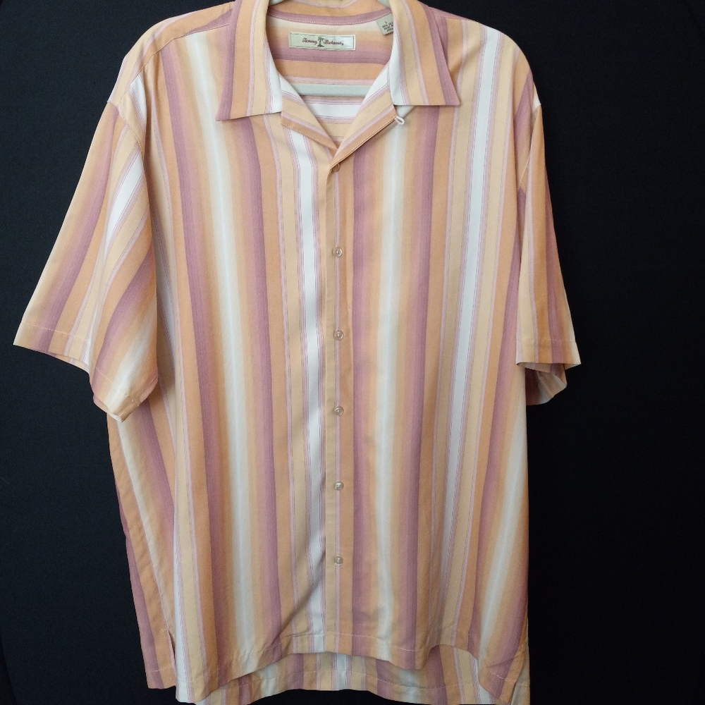 Tommy Bahama 100% Silk Striped Hawaiian Button Front Collar Shirt